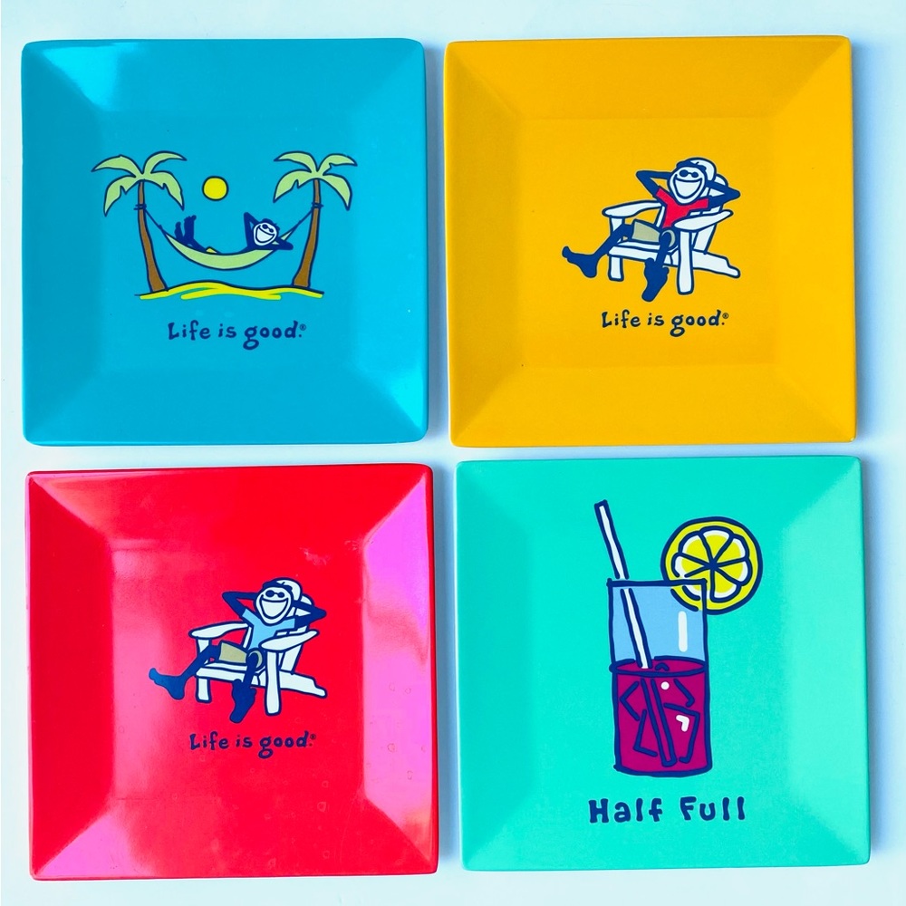 Life Is Good Jake Beach Half Full Colorful Melamine Square Snack Plates